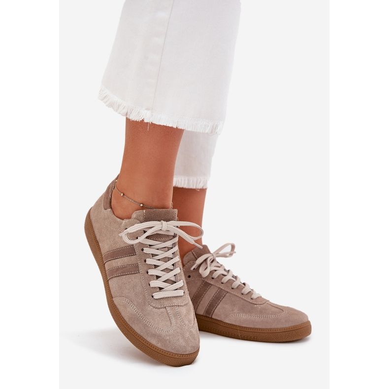 Zazoo N1068 Suede tênis escuro de mulheres baixas bege 1