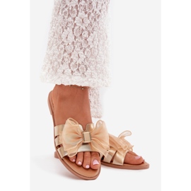 Boto Chinelos femininos de grama plana com um arco de tule tanira dourada dourado 1