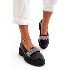 Zazoo 3419 Mocassins de couro femininos com uma tira de tira decorativa preto 1