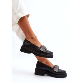 Zazoo 3419 Mocassins de couro femininos com uma tira de tira decorativa preto 3