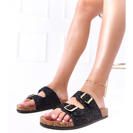 Black Glitter Flip Flip na sola de cortiça da frota preto 1