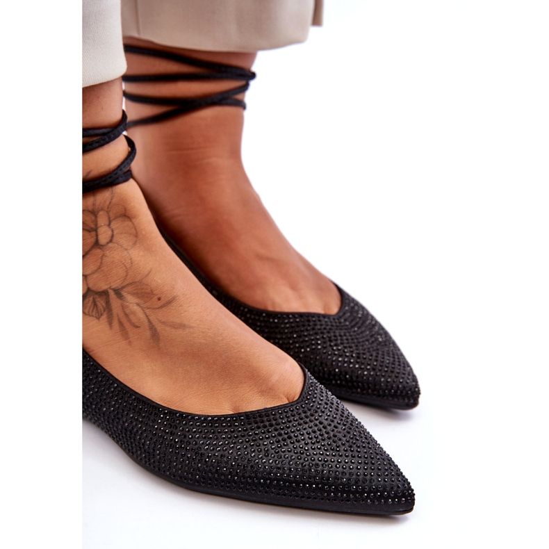 Sapatos de bailarina femininos com cadarço decorados com tachas, Jange preto 3