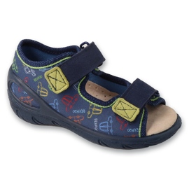 Chinelos infantis Befado com velcro, forro em couro 063P016, azul marinho 1