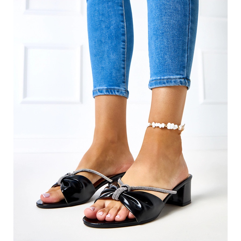 Mules de salto alto decorados com zircões Anbrani preto 2