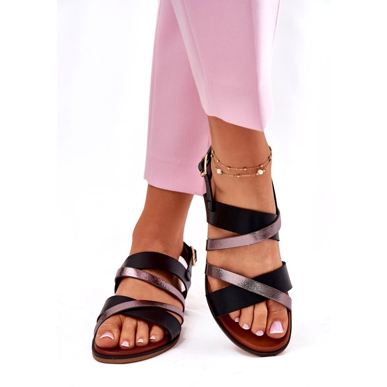 Sandálias femininas de grama plana com Sergio Leone SK086H Stripes preto 1