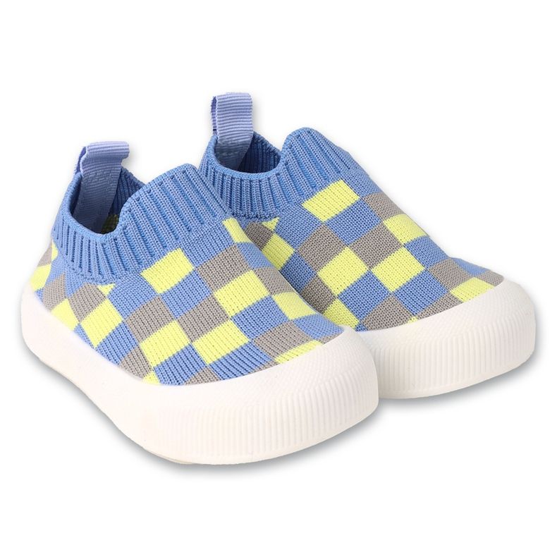 Sapato bebê azul Befado com padrão xadrez amarelo e cinza 002P063 1 Sapato bebê azul Befado com padrão xadrez amarelo e cinza 002P063 1