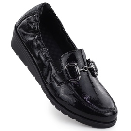 Sapatos de couro feminino lacados nas cunhas preto rieker l5352-00 1