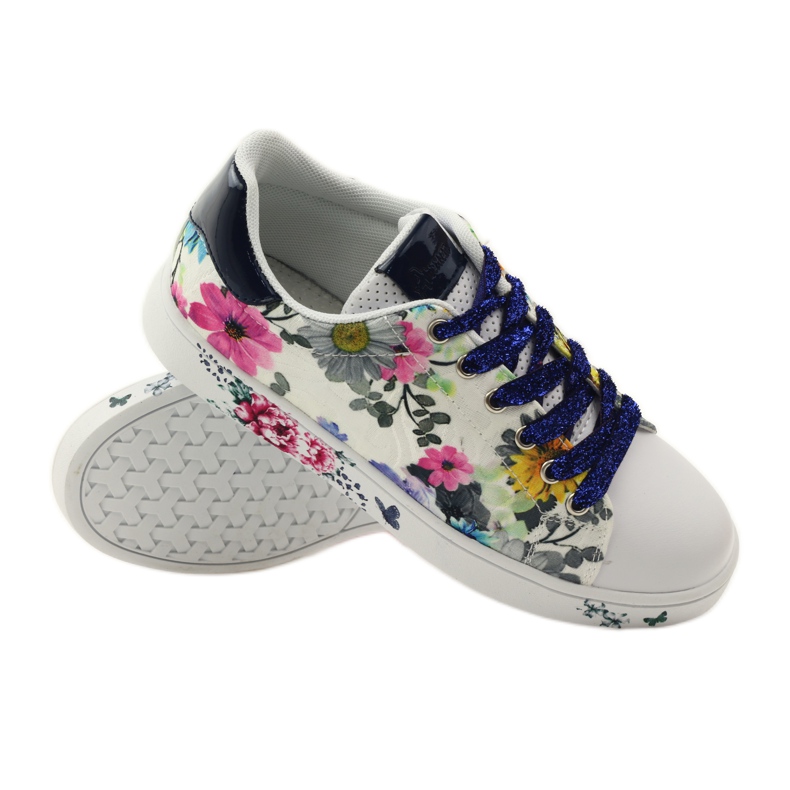 American Club Tênis americano floral com incrustações de couro azul marinho rosa branco 3