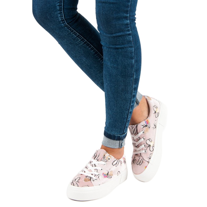 Kylie Tênis de veludo na plataforma branco rosa 1