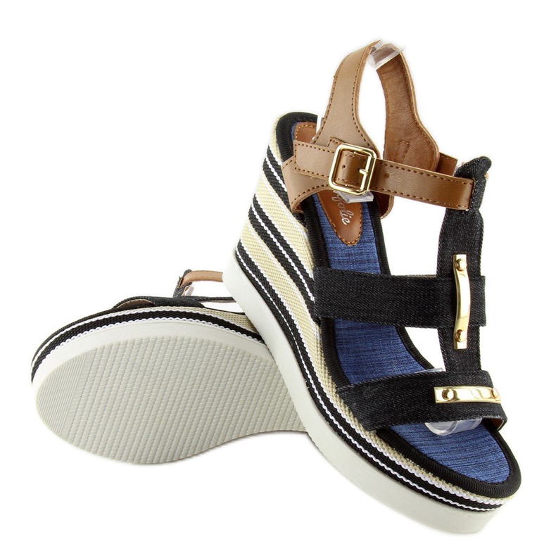 Sandália de cunha preta YQ05 preta preto 1