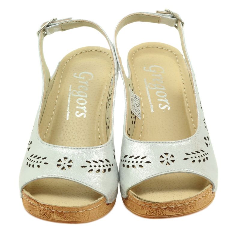 Gregors Sandálias de couro metálico feminino para cunhas de prata 709 4