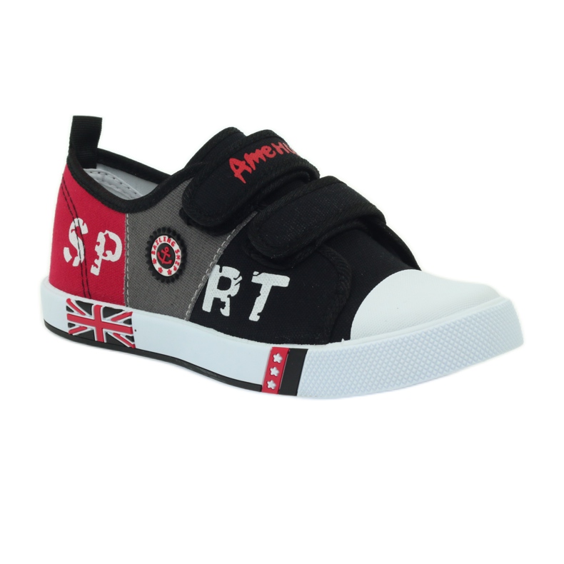 American Club Tênis infantil com a bandeira americana Velcro preto branco cinza vermelho 1