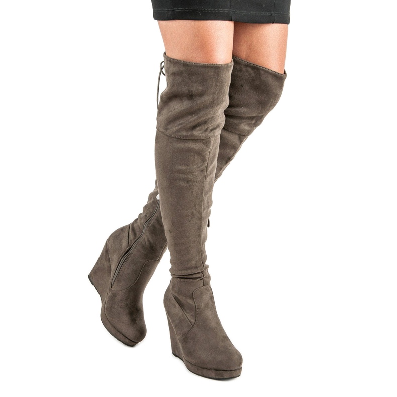 Super Me Botas de coxa de cunha marrom 1
