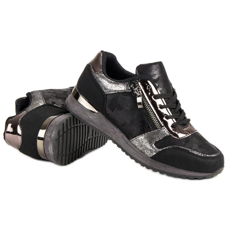 Sapatos esportivos com zíper decorativo preto cinza 1