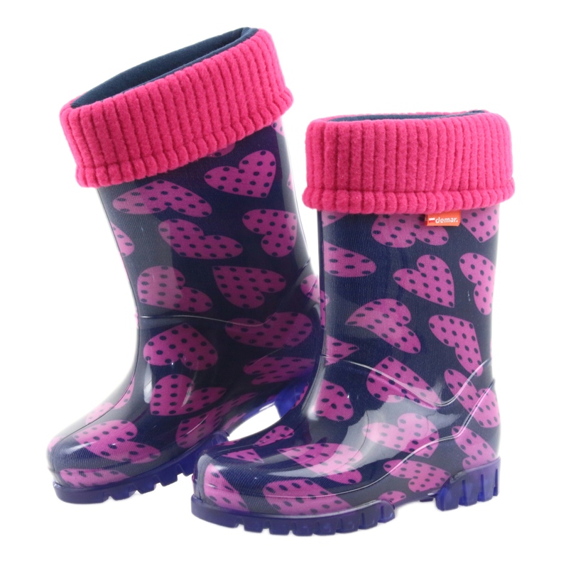 As botas de chuva infantil Demar aquecem os corações de meia rosa azul marinho 4