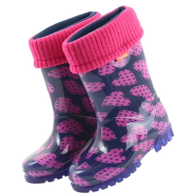 As botas de chuva infantil Demar aquecem os corações de meia rosa azul marinho 3