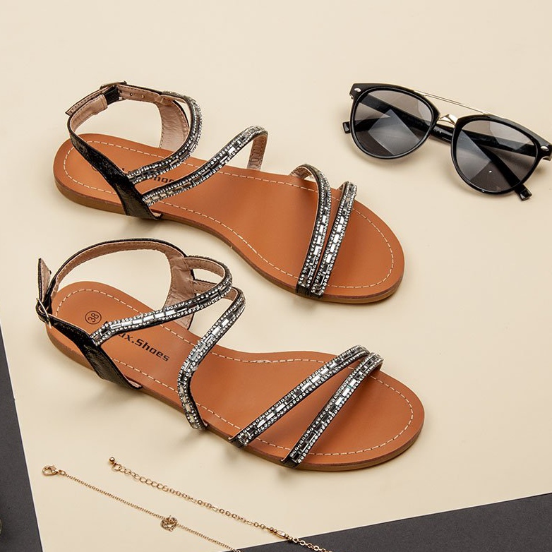 L. Lux. Shoes Sandálias planas com zircônia cúbica preto 2