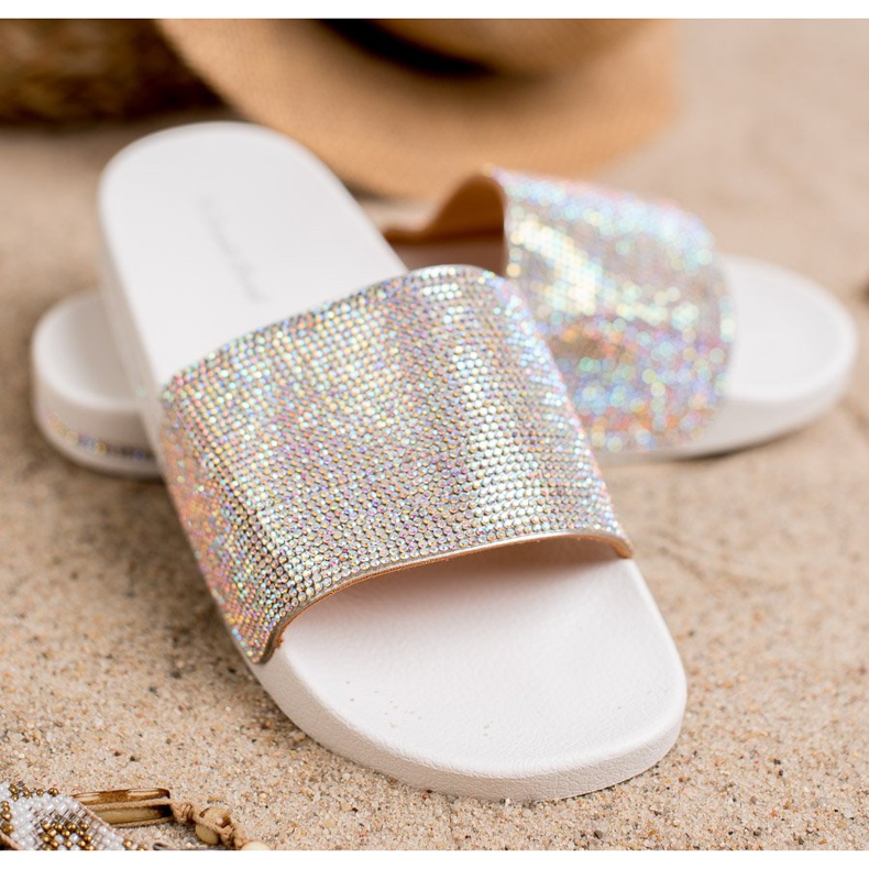 Sweet Shoes Chinelos com cristais branco cinza 1