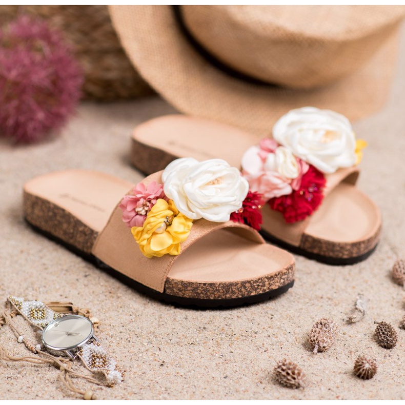 SHELOVET Chinelos de camurça com flores castanho 2