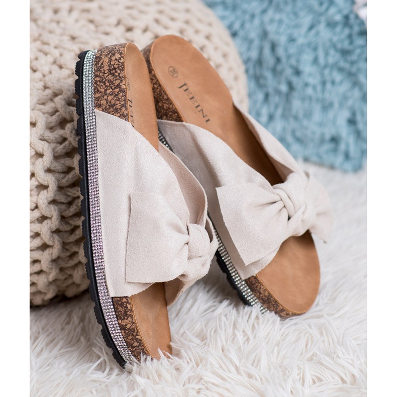 SHELOVET Chinelos de camurça com cristais bege 2
