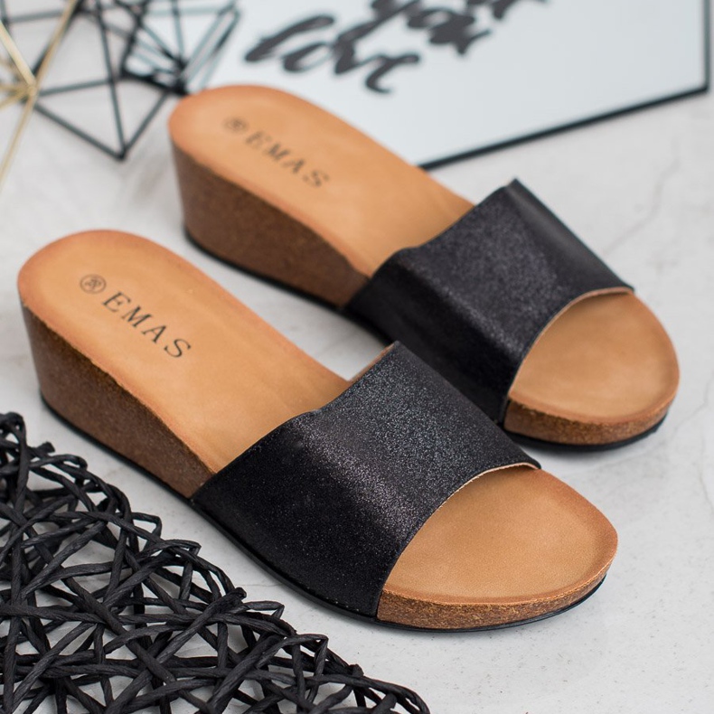 SHELOVET Chinelos de cunha brilhante preto 1