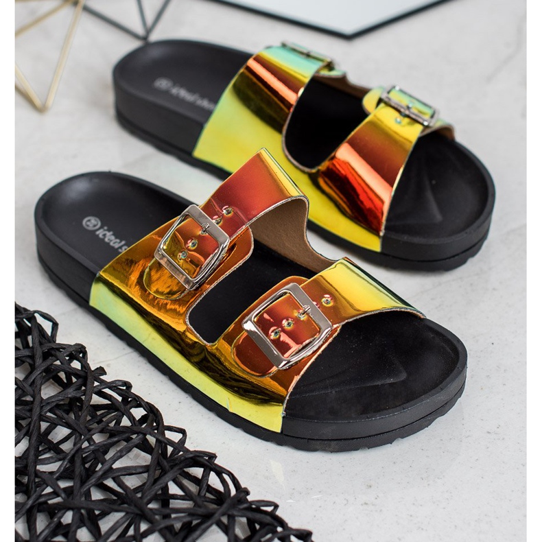 Ideal Shoes Chinelos de fivela holo amarelo 1