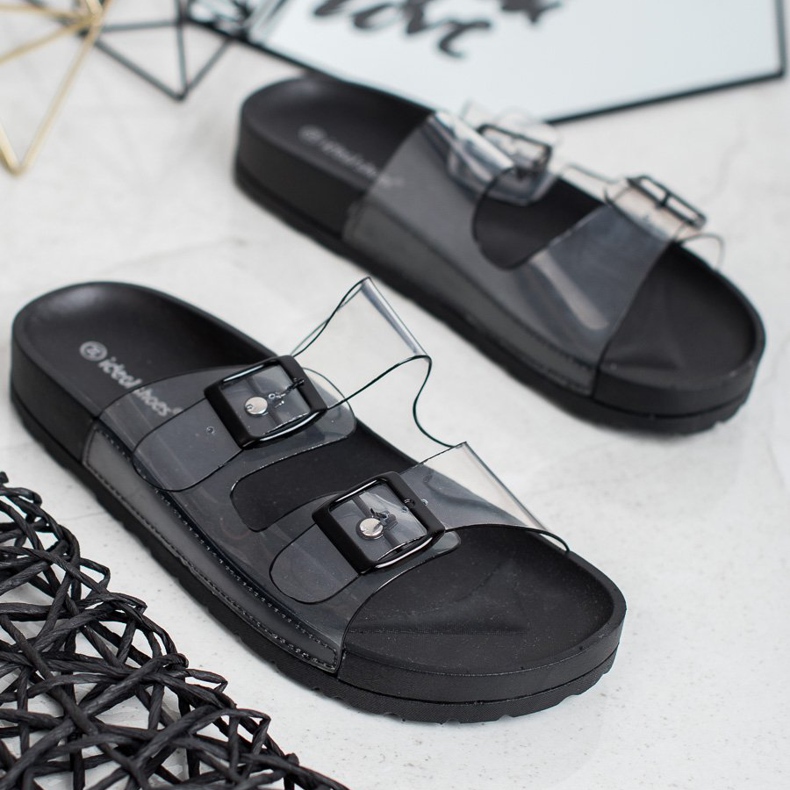 Ideal Shoes Chinelos transparentes com fivela preto 2 Ideal Shoes Chinelos transparentes com fivela preto 2