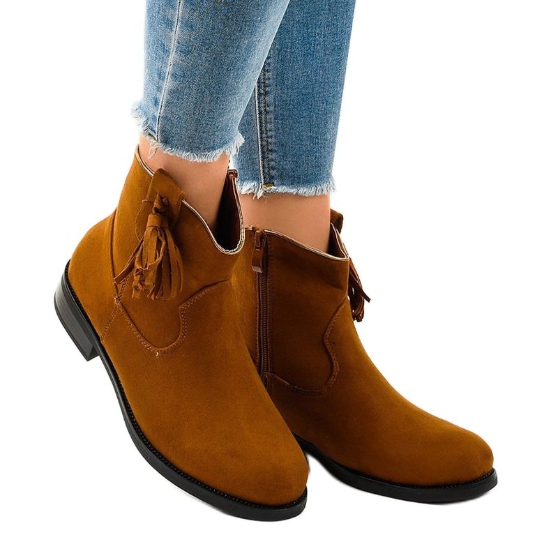 Botas femininas sem salto de camelo com franjas YS476 castanho 1