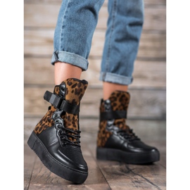 Diamantique Botas de cano alto com estampa de leopardo marrom preto 1