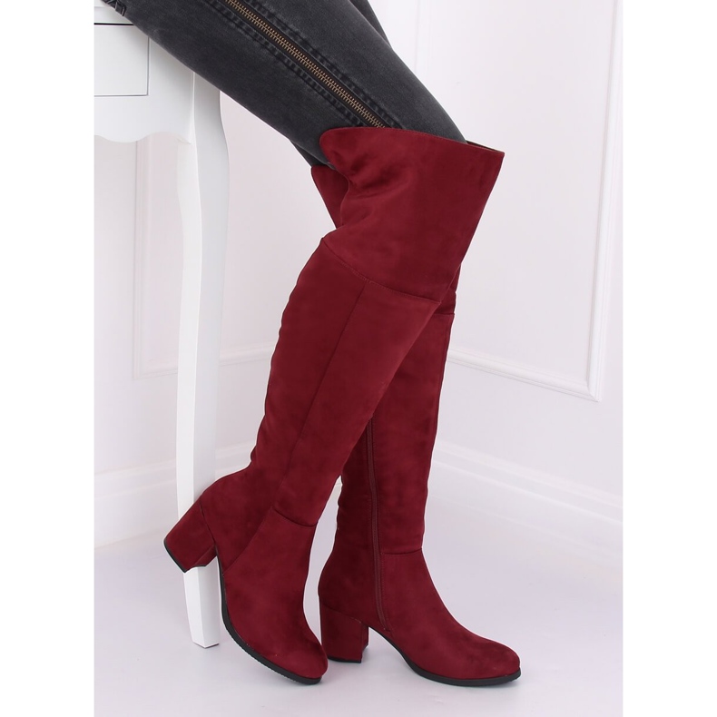 8B965 Botas vinho borgonha de salto baixo vermelho 2