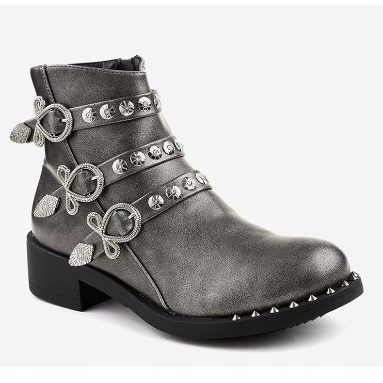 Botas de tornozelo achatadas cinza com tachas HQ2020 1 Botas de tornozelo achatadas cinza com tachas HQ2020 1