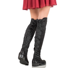 Forever Folie Botas de camurça até a coxa com amarração preto 2