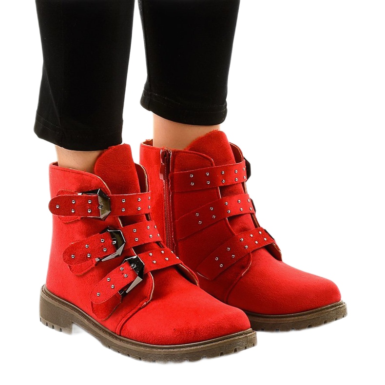 Botins rasos de camurça vermelha com fivelas TL95-4 vermelho 1 Botins rasos de camurça vermelha com fivelas TL95-4 vermelho 1