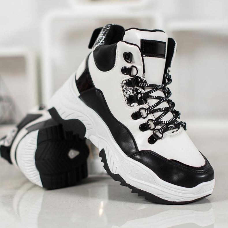 Bella Paris Tênis da moda com cordões branco preto 2