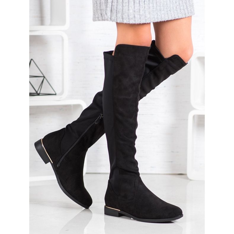 Super Me Botas de camurça na coxa preto 1