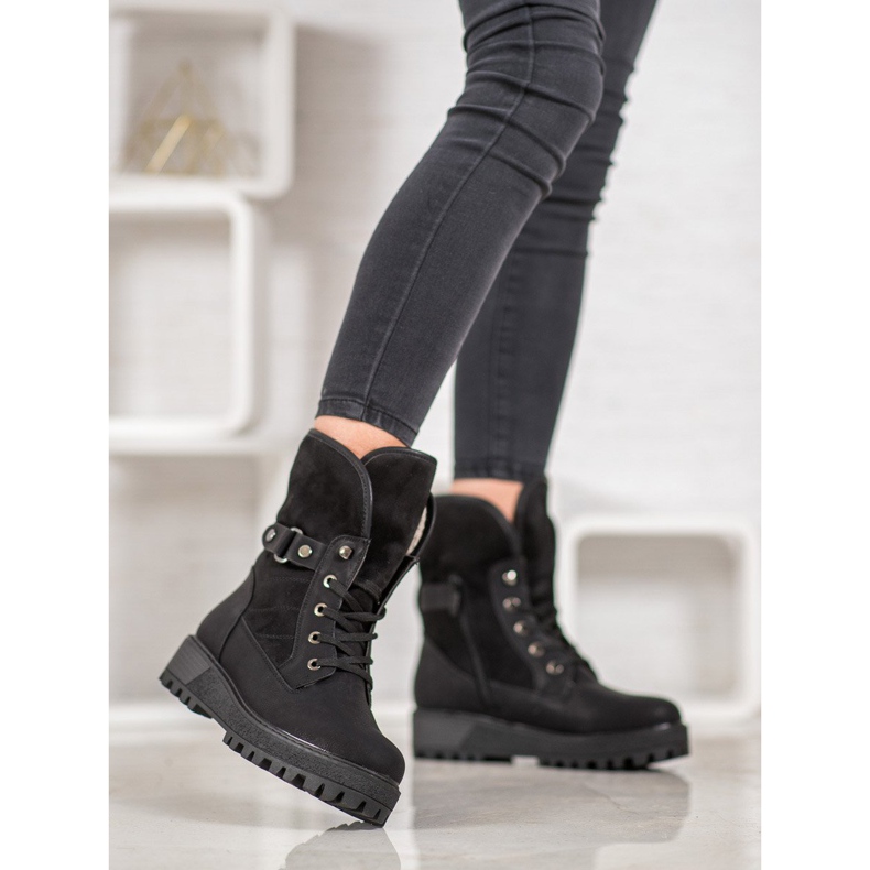 SHELOVET Botas amarradas com pele de carneiro preto 2