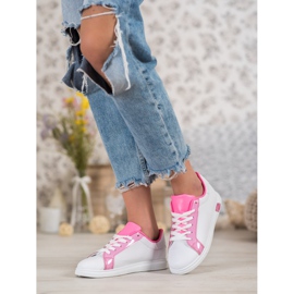 Ideal Shoes Tênis elegantes com couro ecológico branco rosa 2