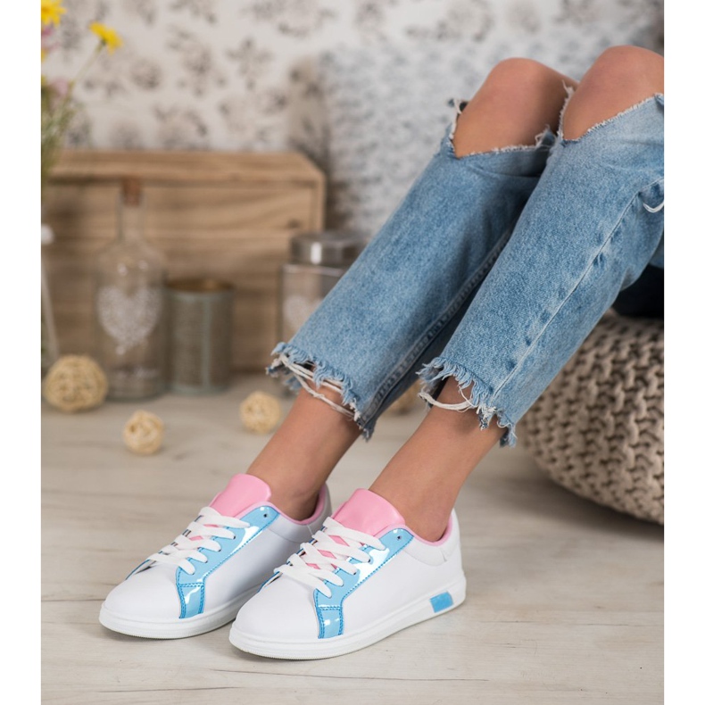 Ideal Shoes Tênis elegantes com couro ecológico branco azul rosa multicolorido 2