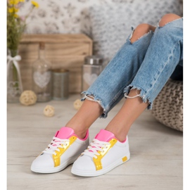 Ideal Shoes Tênis elegantes com couro ecológico branco laranja rosa multicolorido amarelo 2