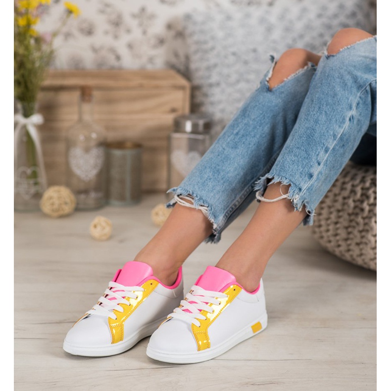 Ideal Shoes Tênis elegantes com couro ecológico branco laranja rosa multicolorido amarelo 2
