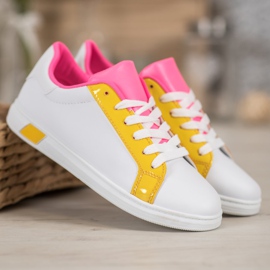 Ideal Shoes Tênis elegantes com couro ecológico branco laranja rosa multicolorido amarelo 1