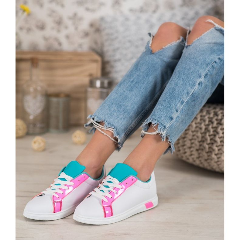 Ideal Shoes Tênis elegantes com couro ecológico branco azul rosa multicolorido 1