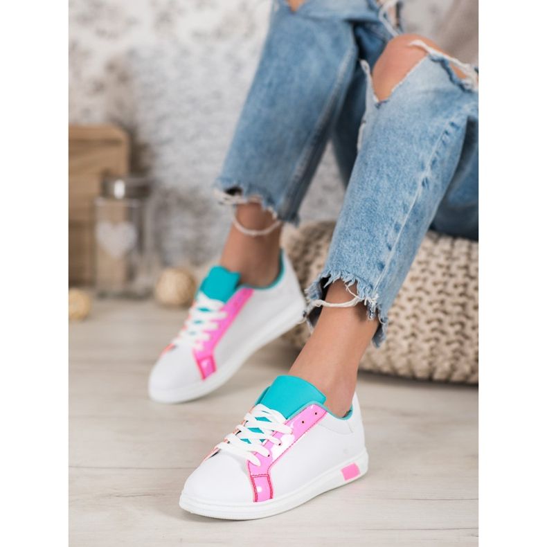 Ideal Shoes Tênis elegantes com couro ecológico branco azul rosa multicolorido 2