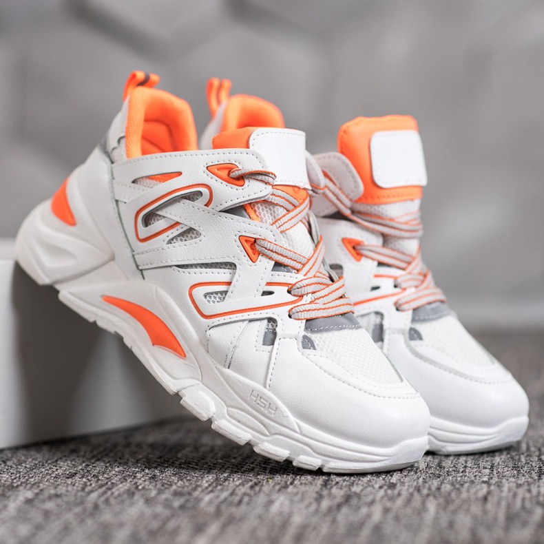 Small Swan Tênis confortáveis ​​de couro ecológico branco laranja 1