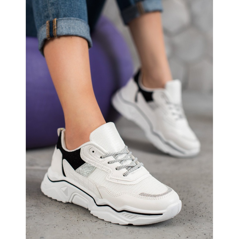 SHELOVET Tênis na plataforma com brilho branco preto 1