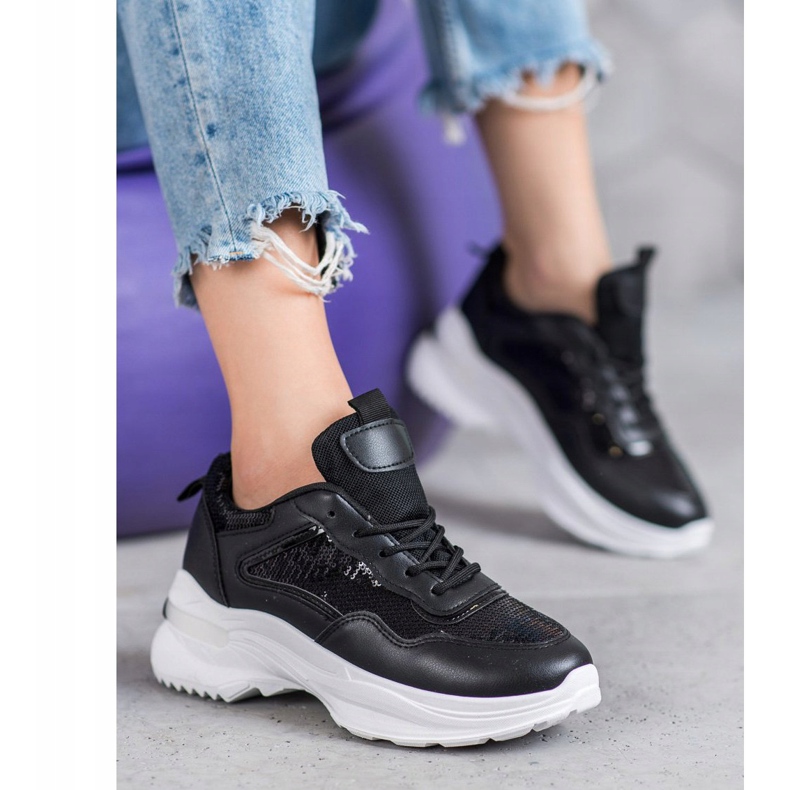 SHELOVET Tênis elegantes com lantejoulas preto 2