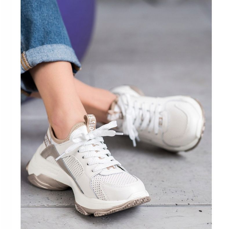 Goodin Tênis de couro a céu aberto branco amarelo 2