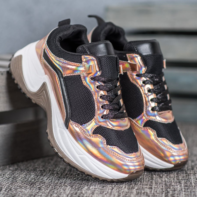 SHELOVET Tênis da moda com efeito holo preto amarelo 2