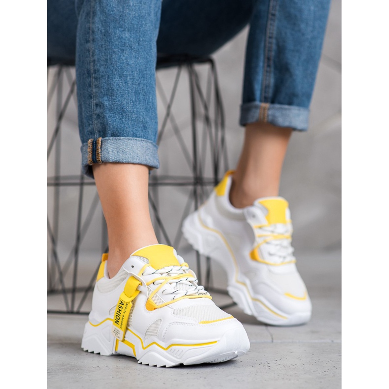 SHELOVET Tênis de moda feminina branco amarelo 1