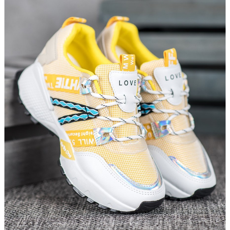 Bona Tênis de malha de amor branco amarelo 2